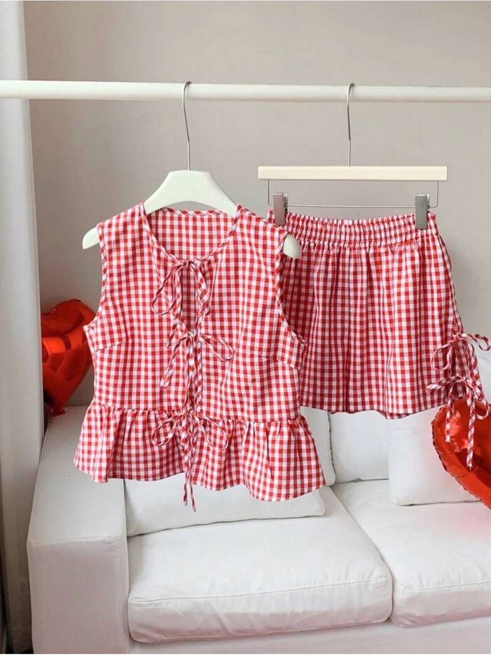 Red Gingham Tie-Front Peplum Top & Skirt Set - Picture 2 of 2